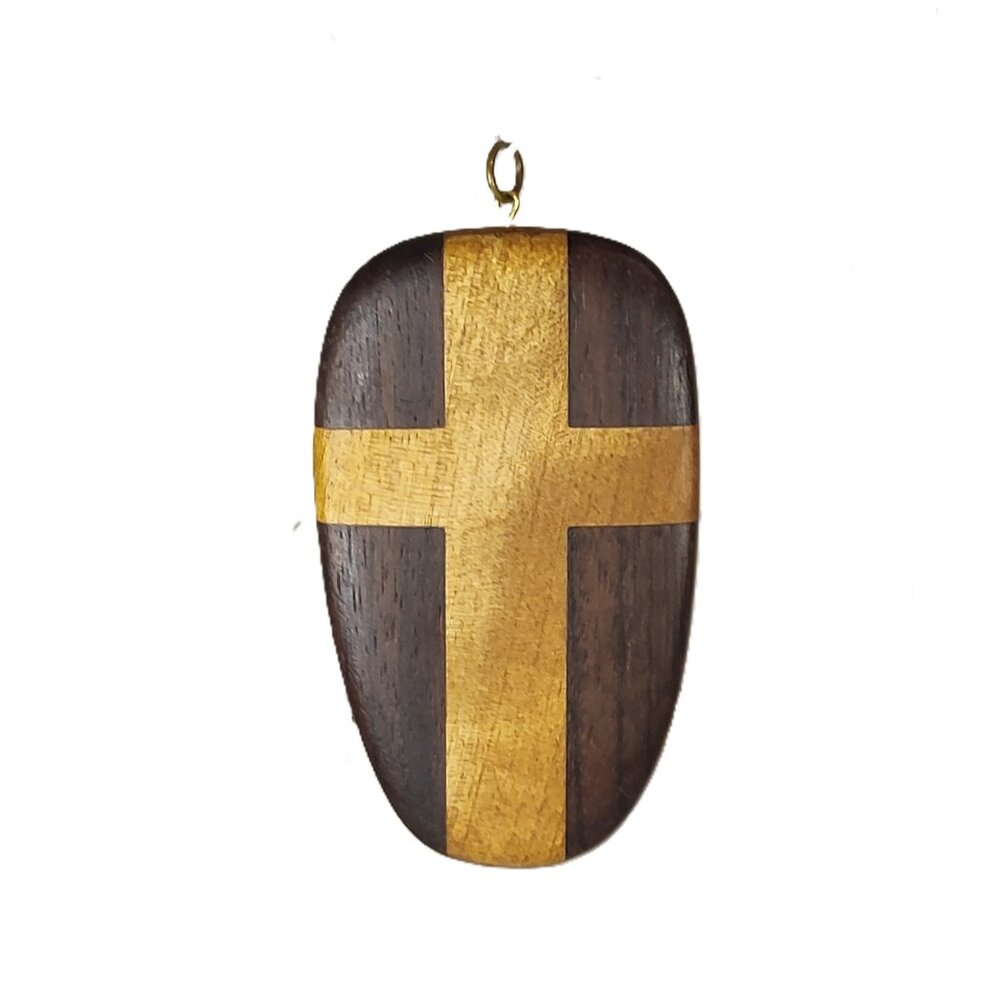 Large Wood Dual Color Cross Pendant Dark Brown and Tan/Beige Excellent Condition